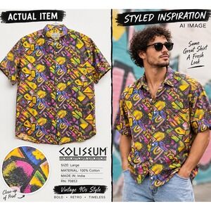 Coliseum Shirt Mens Geometric Abstract Print Multicolor L Excellent 90s Retro